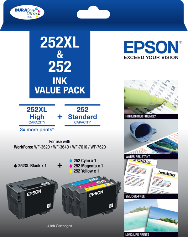 252XL Black + 252 Std Colours (C, M, Y) - Ink Cartridge Value Pack