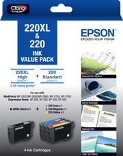 220XL Black + 220 Std Colours (C, M, Y) - Ink Cartridge Value Pack