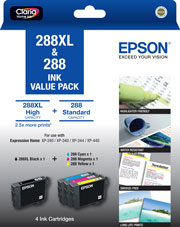 288XL Black + 288 Std Colours (C,M,Y) - Ink Cartridge Value Pack
