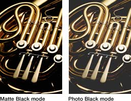 Graphic showing the difference between matte black mode and photo black mode