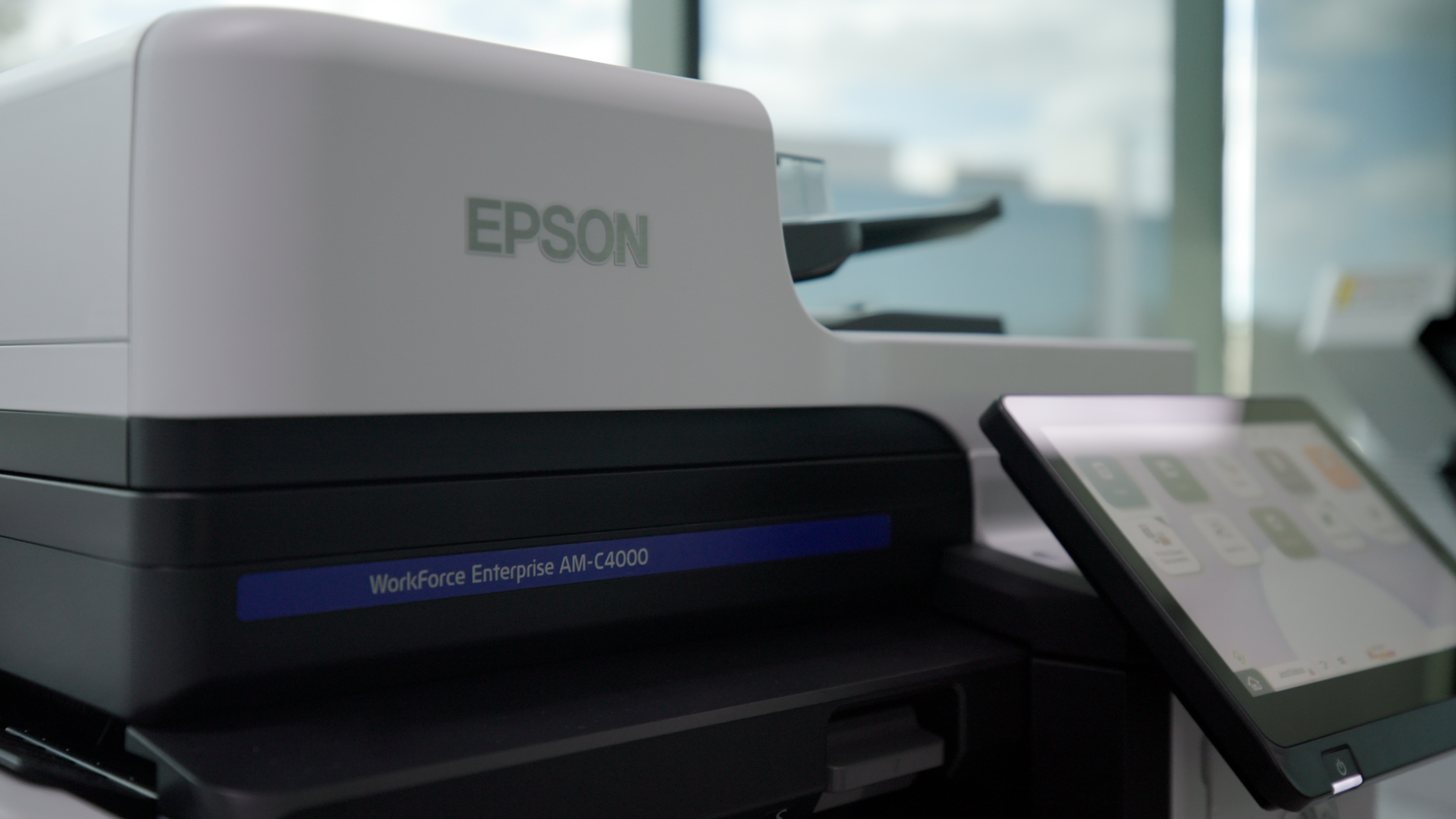 Epson WorkForce printer close-up of the logo on the printer